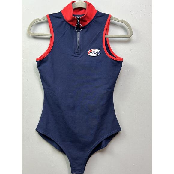 Fila Bodysuit Womens Small Navy Blue‎ Red Zip Up Sleeveless Logo Athletic Retro - Picture 1 of 8